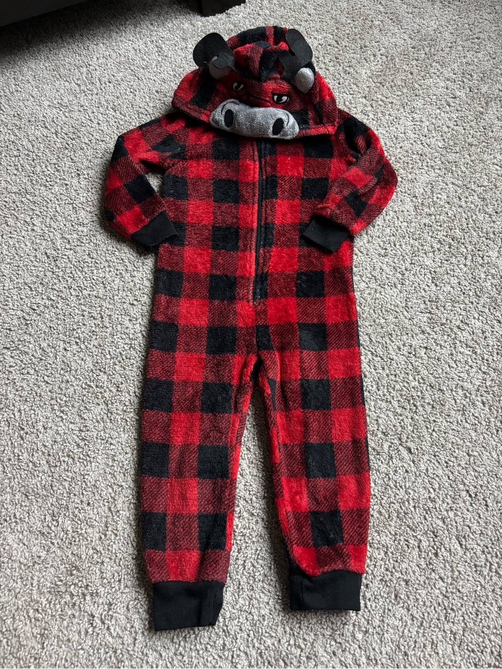 Jellifish Kids 2T Red & Black Buffalo Plaid Kids Hooded Pajamas with Moose Face